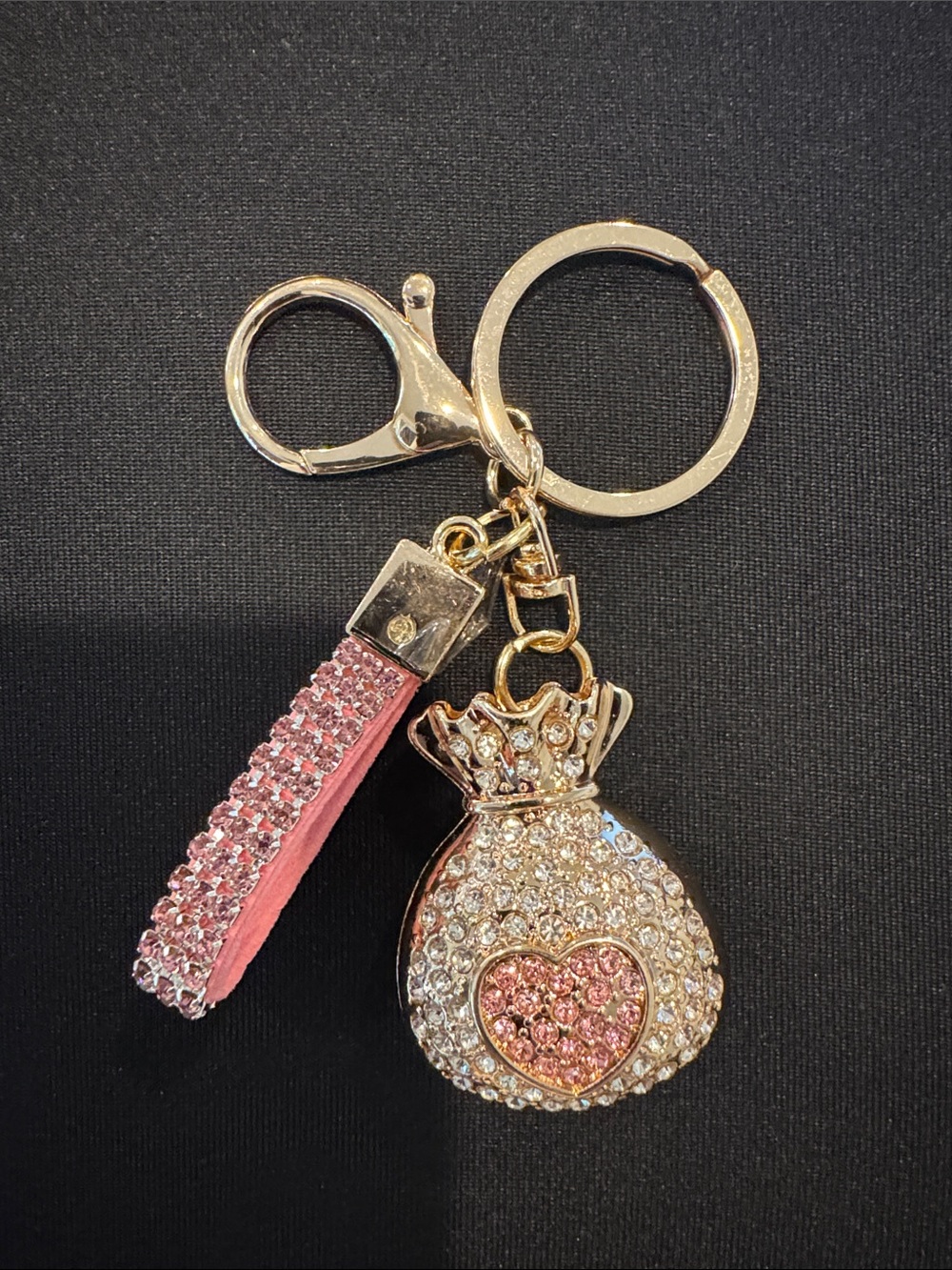 Source Unknown Gold-Tone Pink Crystal Heart Pouch Keyring